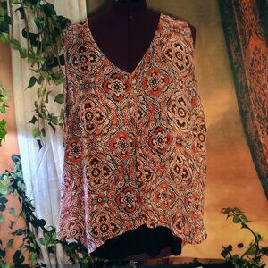 EUC: AB Studio Sze 1X Red, Black, & Orange Floral V-Neck Sleeveless Blouse Top